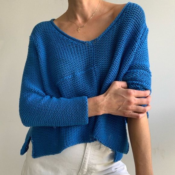 Wooden Ships Sweaters - Wooden Ships bright royal blue cropped loose knit sweater, made in Bali, S-M